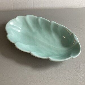 Vintage Console Bowl Pottery Aqua Ceramic Leaf Nouveau Deco Lines